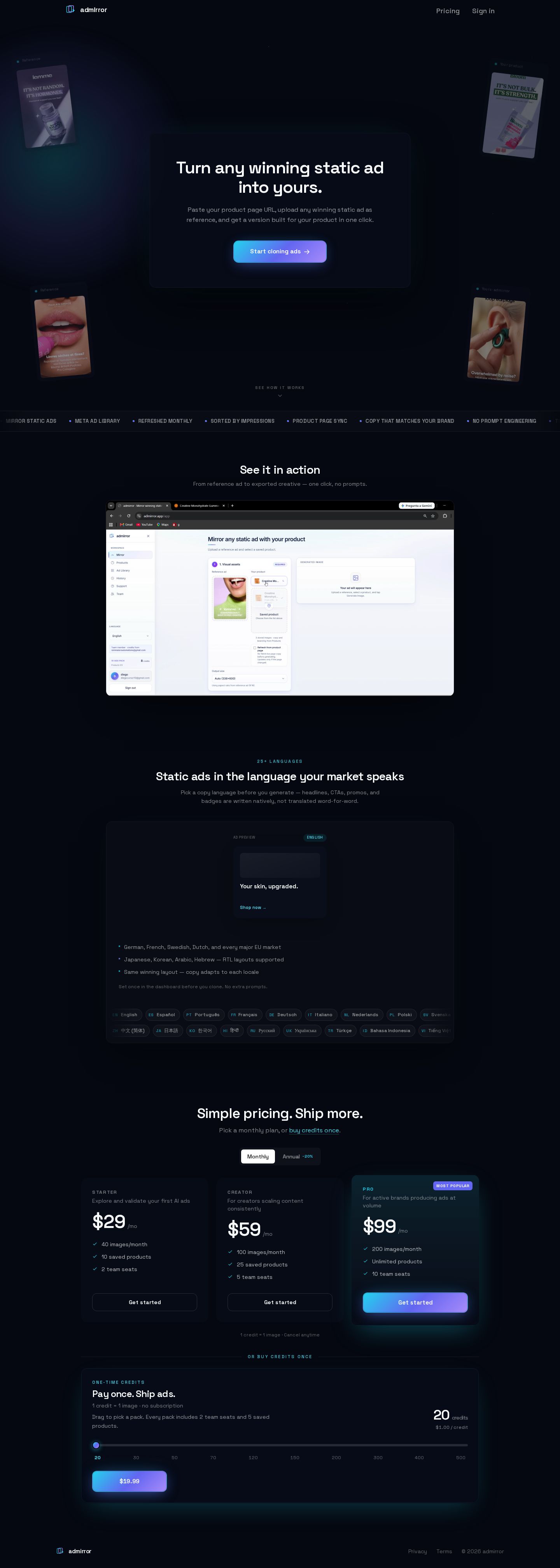 Admirror website preview