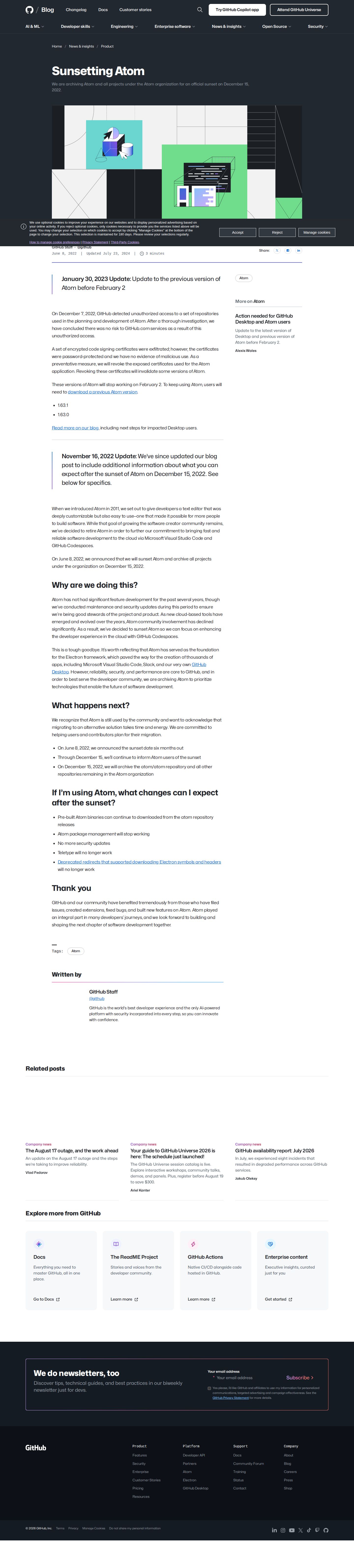 Sunsetting Atom website preview