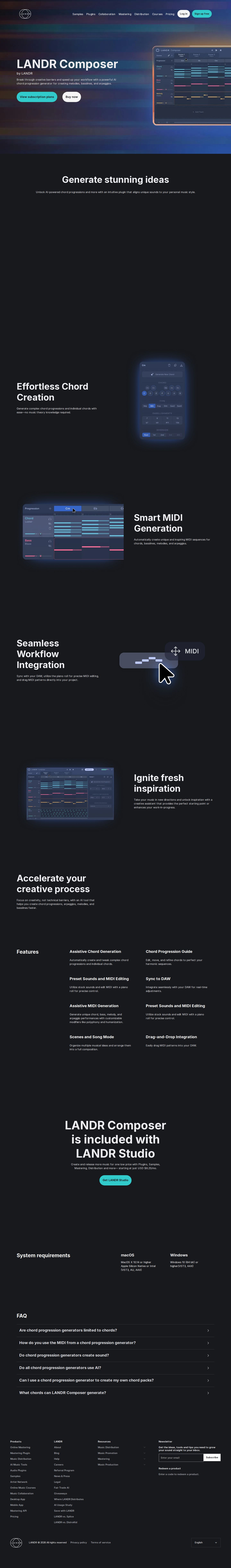 LANDR Composer - AI Chord Progression Generator website preview