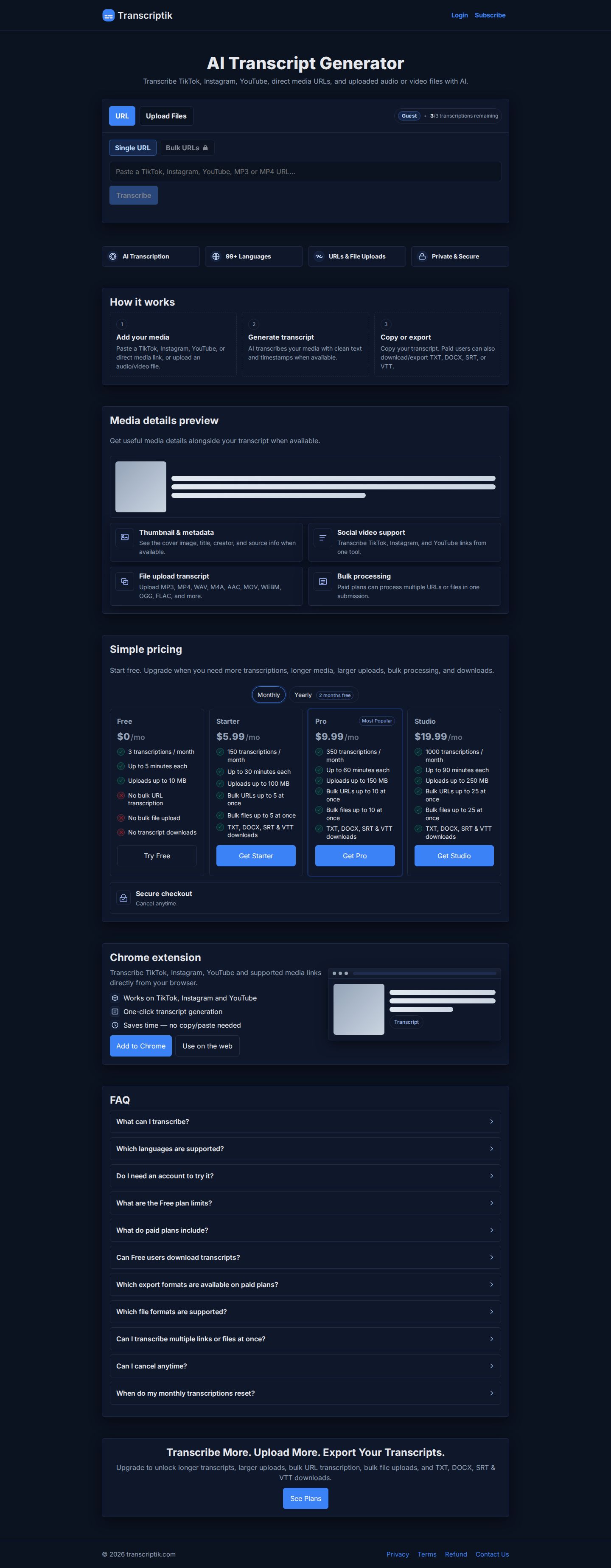 AI Transcript Generator website preview
