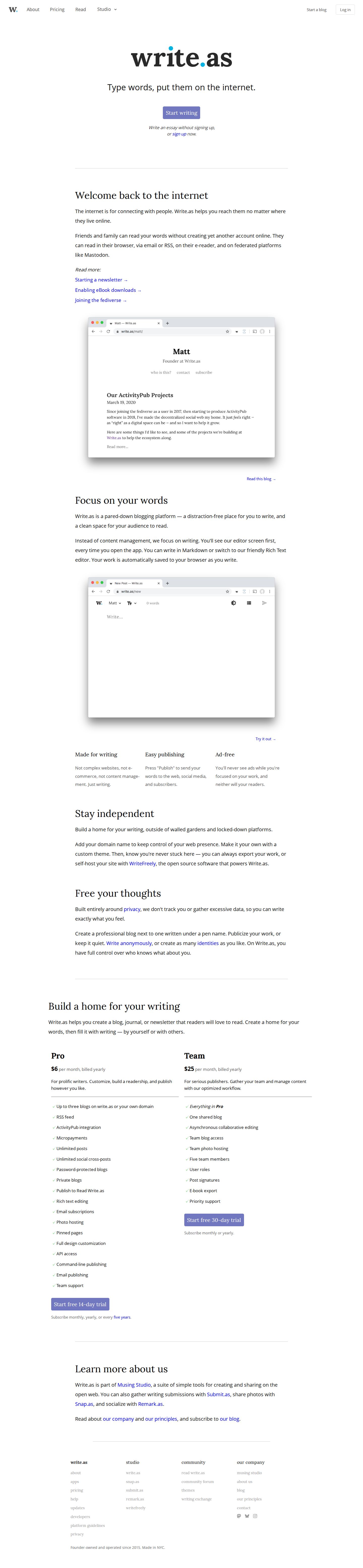 Write.as website preview