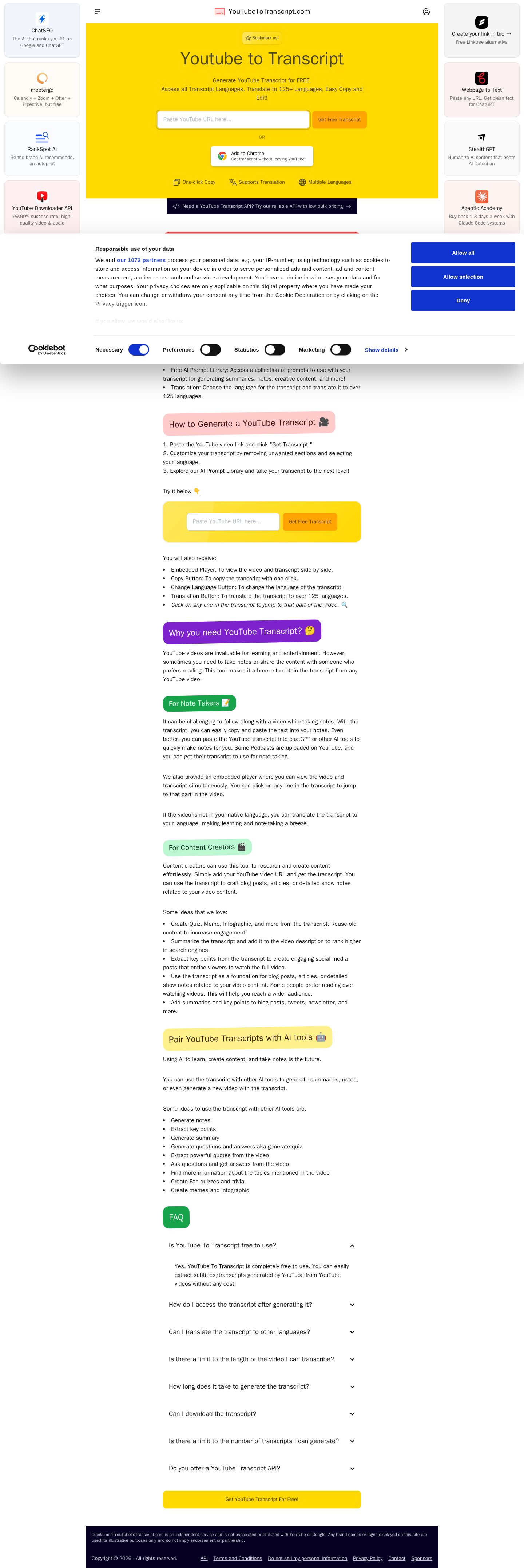Youtube to Transcript website preview